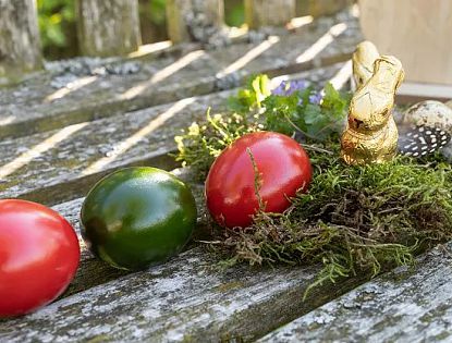 Gefüllte Eier mit Schafskäse auf buntem Frühlingssalat