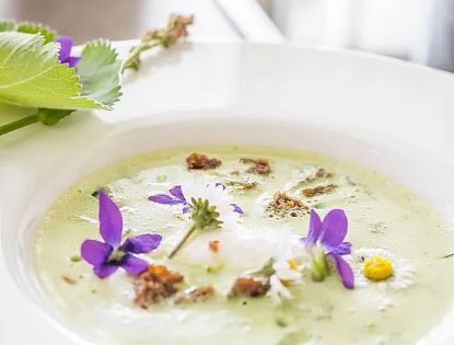 Gründonnerstags– oder Unkrautsuppe mit pochiertem Ei und Röstbrotcroûtons