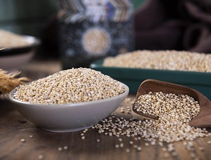 Quinoa-Haselnusslaibchen mit Aubergine und Tomatenragout